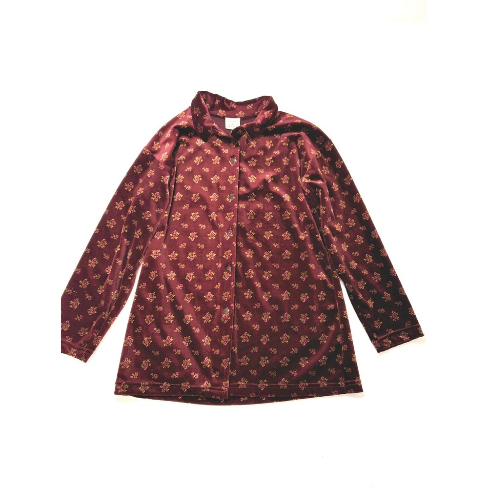 Partners Womens Vintage Velvet Floral Button Down Shirt Burgundy Maroon Size M